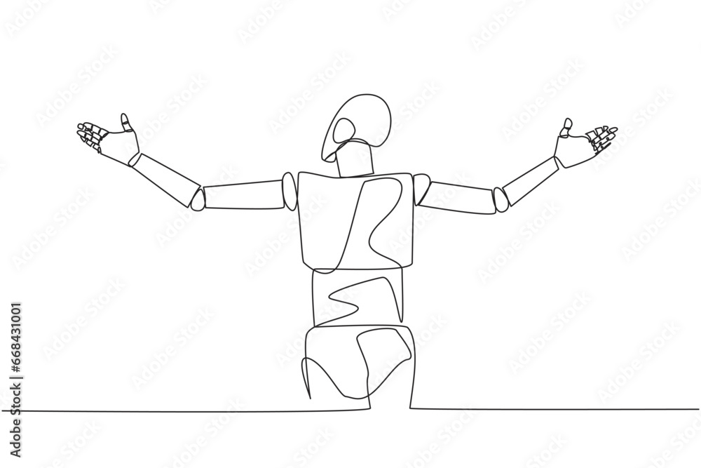 Poster continuous one line drawing rear view of robotic speaking at the podium while opening hands. style l