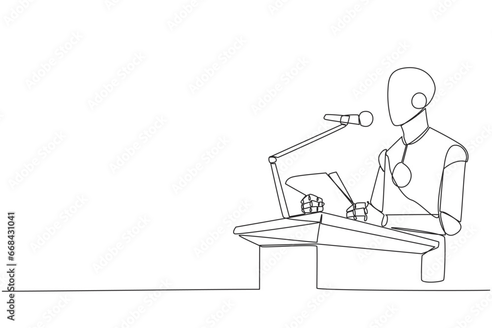 Poster single one line drawing robot speaking on the podium holding a piece of paper. make a welcoming spee