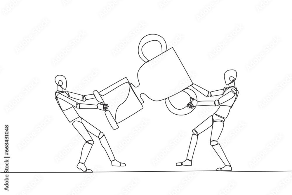 Aufkleber single one line drawing two angry robot fighting over trophy. there are no co-champions. the two rob