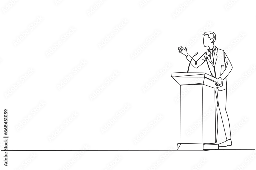 Poster single continuous line drawing businessman speech standing behind podium. inviting to everyone to be