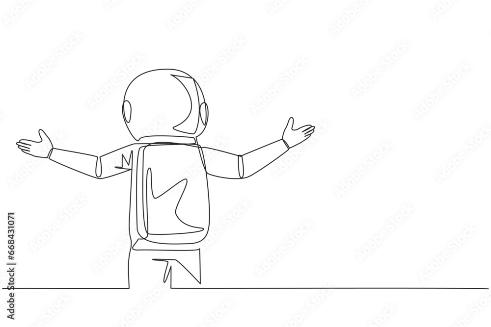 Poster continuous one line drawing rear view of astronaut speaking at the podium while opening hands. style