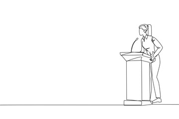 Single one line drawing young businesswoman speech standing behind the podium. Give oration that women can be more independent. Encourage through words. Continuous line design graphic illustration