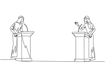 Single one line drawing two Arabian businessman arguing on podium. Throwing opinions on the best way to deal with global warming. Open dialogue. Debating. Continuous line design graphic illustration