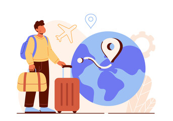 Immigration scene concept. Man with suitcase near planet and globe. Traveller and tourist. Relocation to another country. Cartoon flat vector illustration isolated on white background