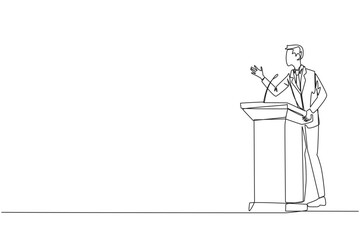 Single continuous line drawing businessman speech standing behind podium. Inviting to everyone to be more concerned with natural condition to avoid air pollution. One line design vector illustration