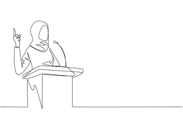 Continuous one line drawing Arabian businesswoman speaking at podium while giving gesture of lifting one finger up. Inspirational speech. Conference stage. Single line draw design vector illustration