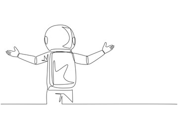 Continuous one line drawing rear view of astronaut speaking at the podium while opening hands. Style like successful motivator. Invite to increase business. Single line draw design vector illustration