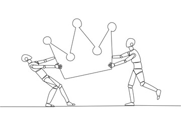 Single continuous line drawing two emotional robot fighting over the crown. Fighting for become the most successful and respected robotic. Conflict. AI technology. One line design vector illustration