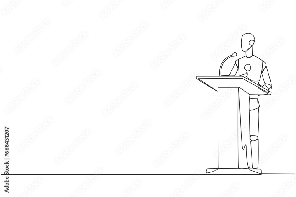 Poster continuous one line drawing inspirational robotic give speech at the podium. convey tips for success