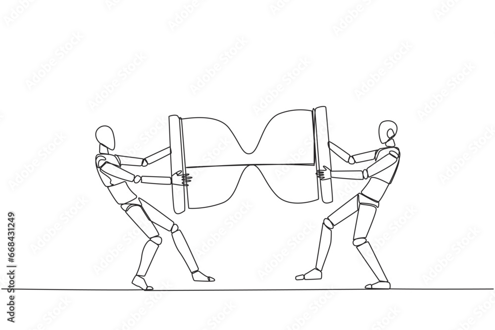 Poster continuous one line drawing two angry robot fighting over the hourglass. ask each other for addition
