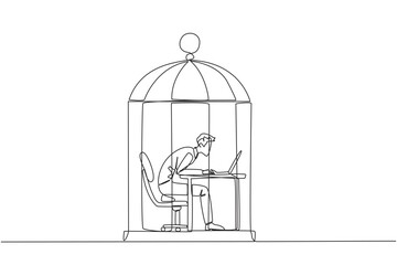 Single one line drawing businessman trapped in cage working on laptop computer. Plan to take annual leave to get away from routine. Workaholic. Overtime. Continuous line design graphic illustration