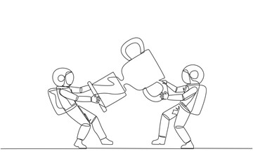 Continuous one line drawing two angry astronaut fighting over trophy. There are no co-champions. The two cosmonauts are required to contest ideas again. Single line draw design vector illustration