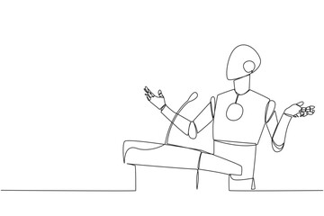 Fototapeta na wymiar Single one line drawing smart robotic speaking at the podium while opening hands. Explain the history of the company to become a multinational company. Continuous line design graphic illustration