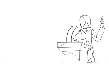 Single continuous line drawing young Arabian businesswoman speaking at the podium while lifting index finger up. She made a favorable statement for the company. One line design vector illustration