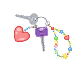 Key with keychain. Toys and keychains at pedant. Cottage and townhouse, padlock. Heart and string with beads. Social media sticker. Cartoon flat vector illustration isolated on white background