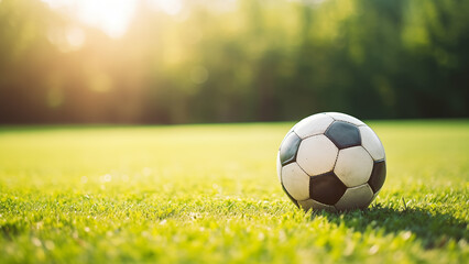 Fototapeta premium Vibrant Soccer Ball on Green Grass with Copy Space