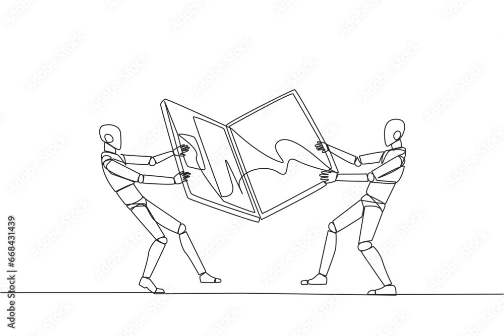 Poster continuous one line drawing two emotional robot fighting over the laptop. fighting for information a