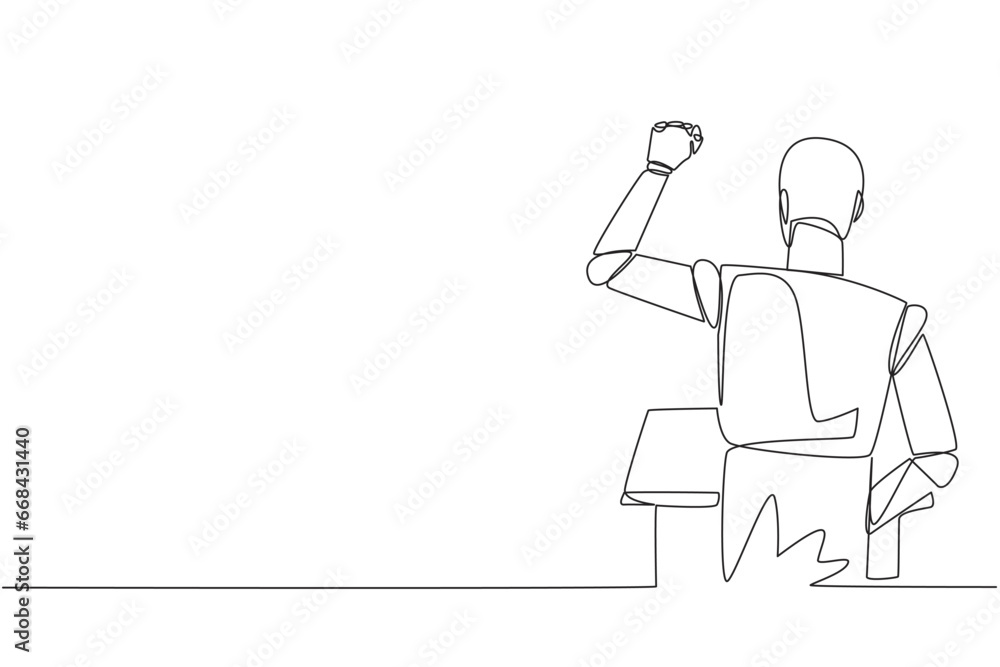 Poster single continuous line drawing rear view of smart robotic speaking at the podium. raising and clench