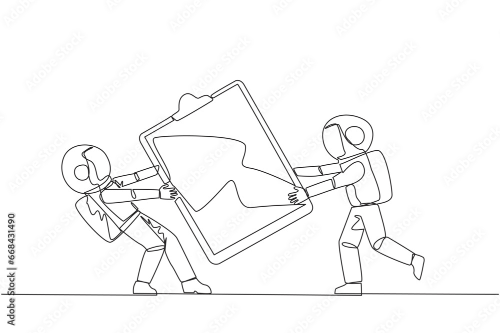 Poster single continuous line drawing two angry astronaut fighting over the clipboard. useful to make it ea