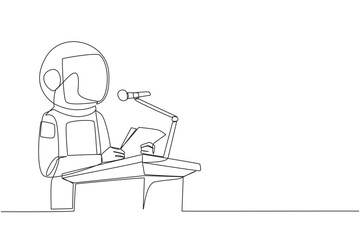 Fototapeta na wymiar Single one line drawing astronaut speaking on the podium holding a piece of paper. Make welcoming speech. Astronaut has new business branch. Orator. Leader. Continuous line design graphic illustration