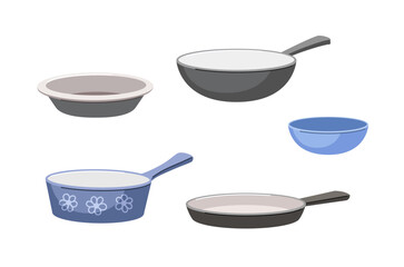 Kitchenware items set. Dishware for cooking and preparing food. Frying pan with blue bowl. Kitchen utensil. Template and layout. Cartoon flat vector collection isolated on white background