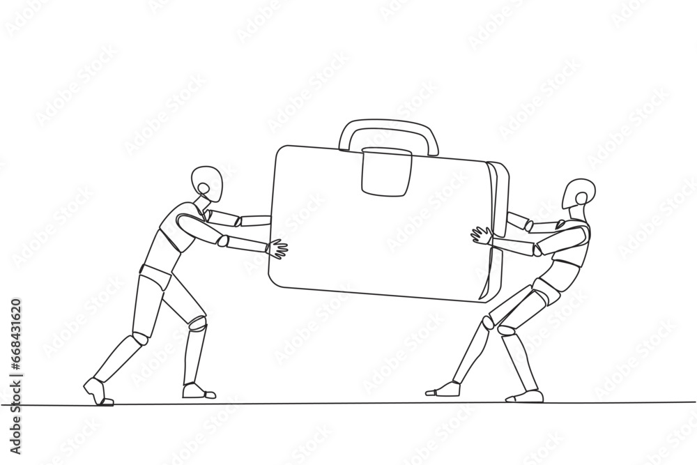 Poster continuous one line drawing two aggressive robot fighting over the briefcase. fight over the client 