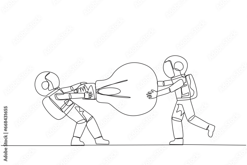 Poster single continuous line drawing two angry astronaut fighting over lightbulb. both of them differed, f