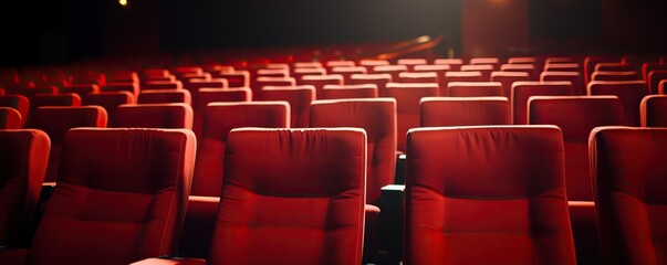 Obraz premium Empty row of red seat in the cinema rooms , Movie theater seat horizontal banner