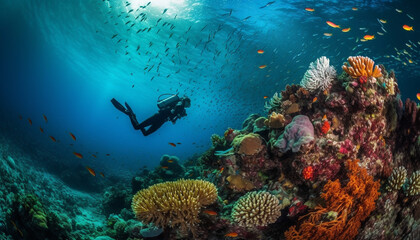 Naklejka na ściany i meble Deep sea diving adventure exploring tropical reef, encountering multi colored sea life generated by AI