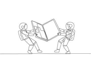 Single one line drawing two emotional astronaut fighting over the laptop. Fighting for information about very good area to be the next target market. Space. Continuous line design graphic illustration