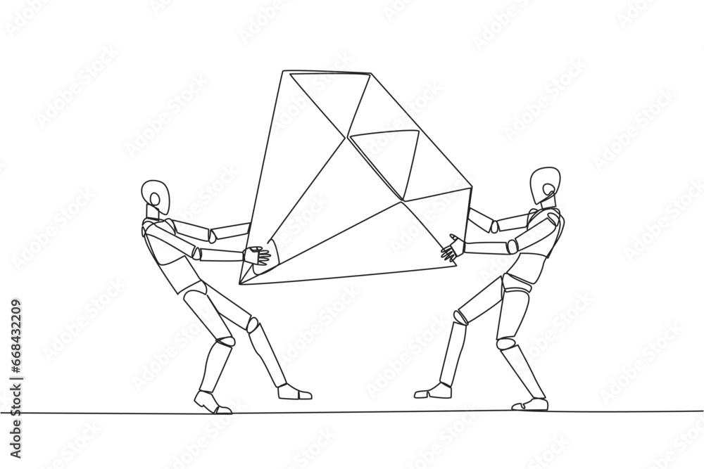 Poster continuous one line drawing two selfish robot fighting over the big diamond. fight over diamond mine