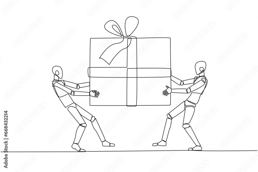 Poster single continuous line drawing two professional robot fighting over the big gift box. robotics again