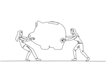 Single one line drawing two selfish businesswoman fighting over big piggy bank. Arguing and each other feel entitled. Businesswoman versus businesswoman. Continuous line design graphic illustration