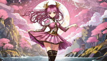 ピンクの世界で月を背景に髪をなびかせながら踊る可愛い少女のイラスト「AI生成画像」