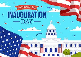 USA Presidential Inauguration Day Vector Illustration January 20 with Capitol Building Washington D.C. and American Flag in Background Design