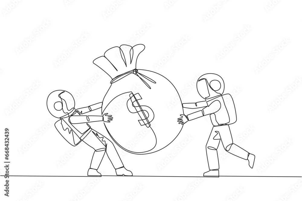 Poster continuous one line drawing two astronaut fighting over the big money bag. fighting for additional c