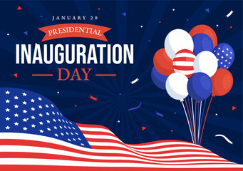 USA Presidential Inauguration Day Vector Illustration January 20 with Capitol Building Washington D.C. and American Flag in Background Design - obrazy, fototapety, plakaty