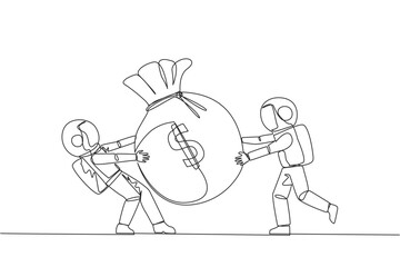 Continuous one line drawing two astronaut fighting over the big money bag. Fighting for additional capital after several shares were released to the public. Single line draw design vector illustration