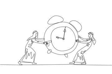 Single one line drawing two emotional Arabian businessman fighting over alarm clock. The concept of fighting for rare items for prestige. Conflict. Attack. Continuous line design graphic illustration