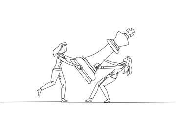 Single one line drawing two angry businesswoman fight over the big king chess pieces. The metaphor of scrambling to save a business by helping investors. Continuous line design graphic illustration