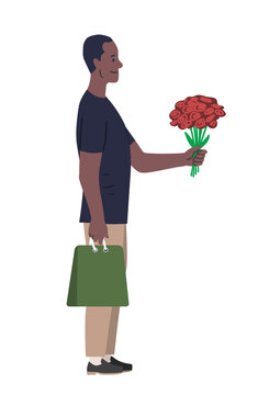 Man gives flowers scene. Young guy with bouquet of roses and gift bag. Romantic present and surprise. Poster or banner. Cartoon flat vector illustration isolated on white background