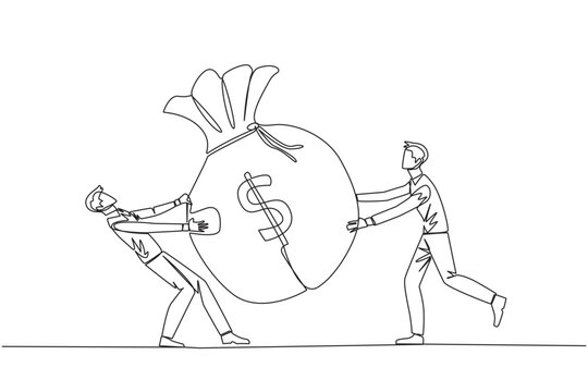 Single continuous line drawing two businessman fighting over the big money bag. Fighting for additional capital after several shares were released to the public. One line design vector illustration