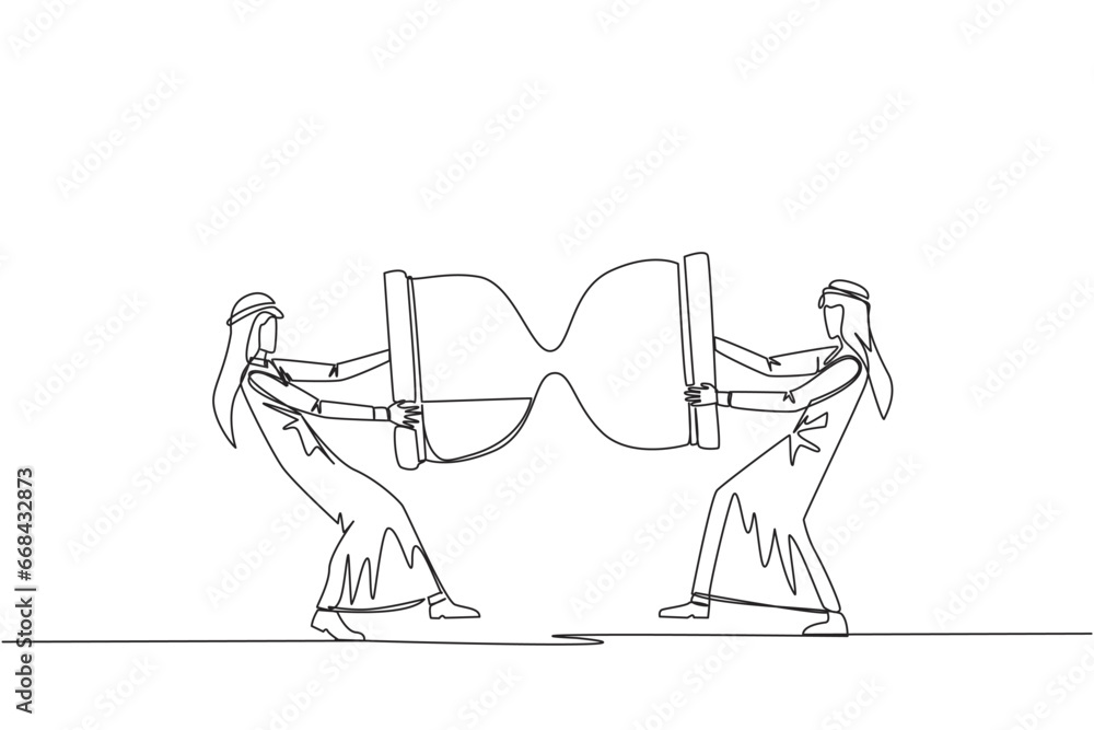 Poster single continuous line drawing two angry arabian businessman fighting over hourglass. ask each other