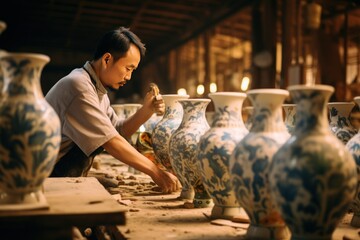 Traditional potter crafting delicate porcelain vases in an oriental workshop.