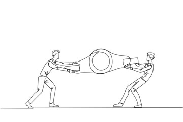 Continuous one line drawing two emotional businessman fighting over boxing belt. Fight for to be the greatest and strongest businessman. Businessman battle. Single line draw design vector illustration