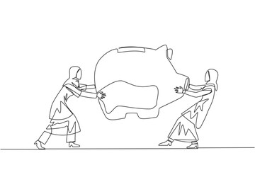 Continuous one line drawing two selfish Arabian businesswoman fighting over piggy bank. Arguing and each other feel entitled. Businesswoman versus businesswoman. Single line draw vector illustration