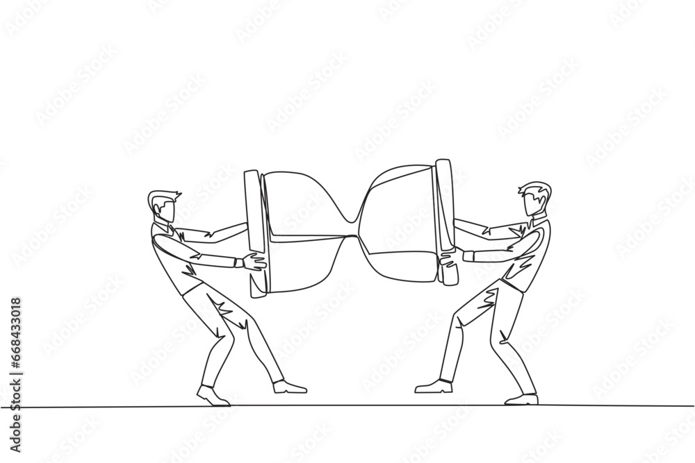 Poster continuous one line drawing two angry businessman fighting over the hourglass. ask each other for ad