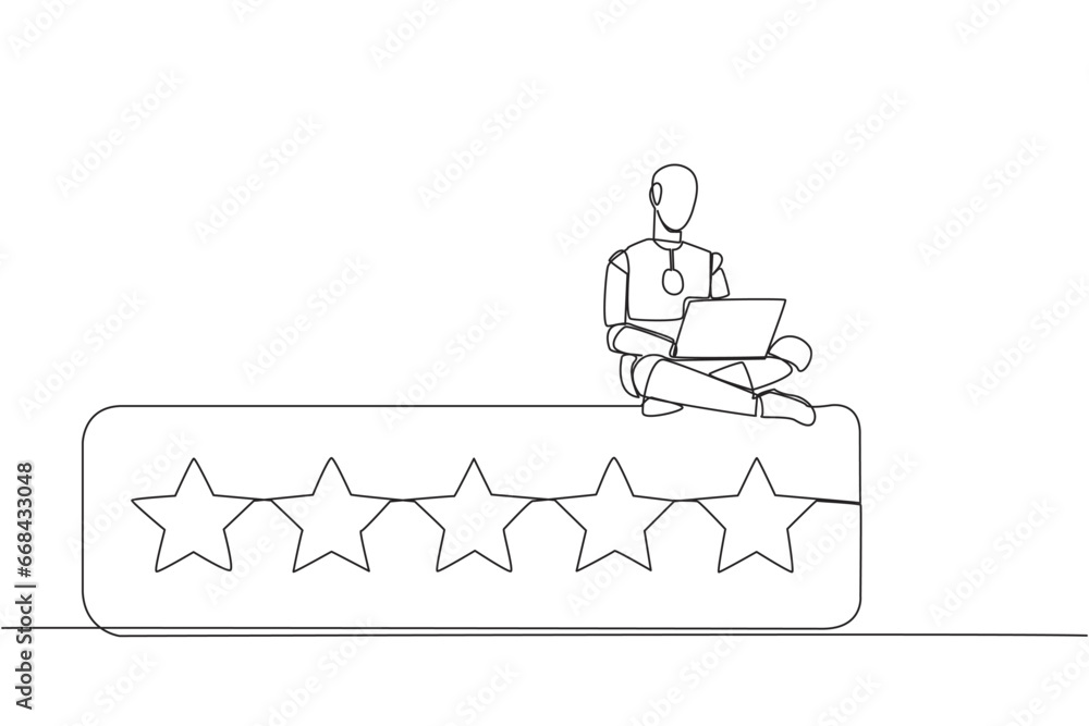 Poster single one line drawing robot sitting on rating board typing laptop computer. give 5 stars and a ver