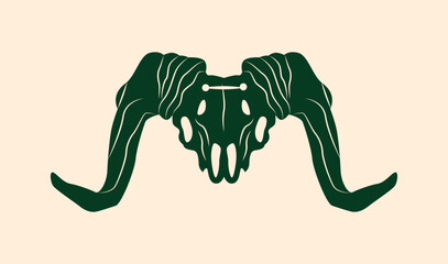 Mystical animal in boho style. Green silhouette of head of goat. Mysticism and esotericism, occultism. Template and layout. Cartoon flat vector illustration isolated on beige background