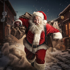 santa claus with a bag of gifts running